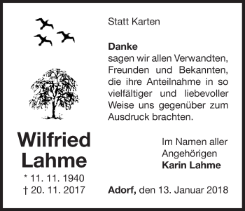 Traueranzeige von Wilfried Lahme von Waldeckische Landeszeitung