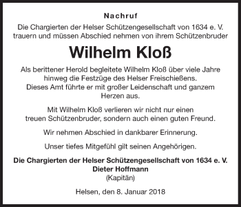 Traueranzeige von Wilhelm Kloß von Waldeckische Landeszeitung