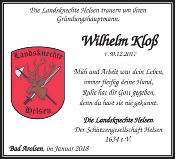 Traueranzeige von Wilhelm Kloß von Waldeckische Landeszeitung