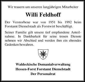 Traueranzeige von Willi Feldhoff von Waldeckische Landeszeitung