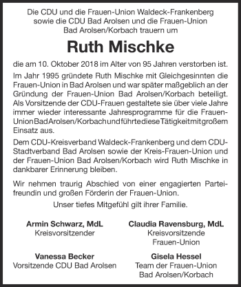 Traueranzeige von Ruth Mischke von WLZ