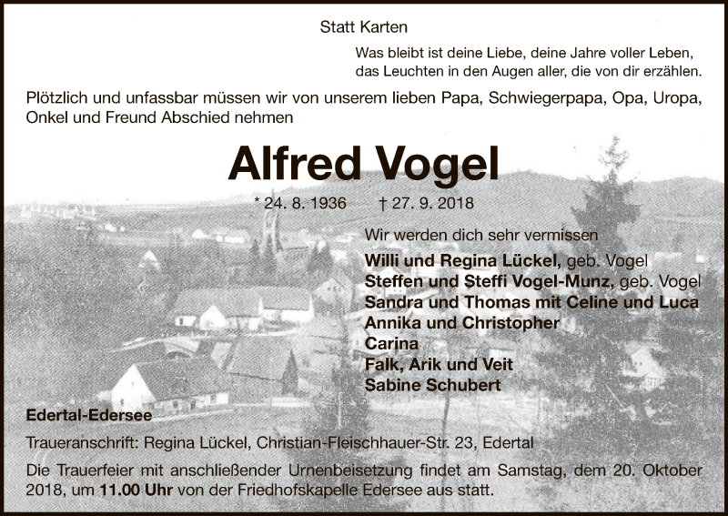  Traueranzeige für Alfred Vogel vom 13.10.2018 aus WLZ