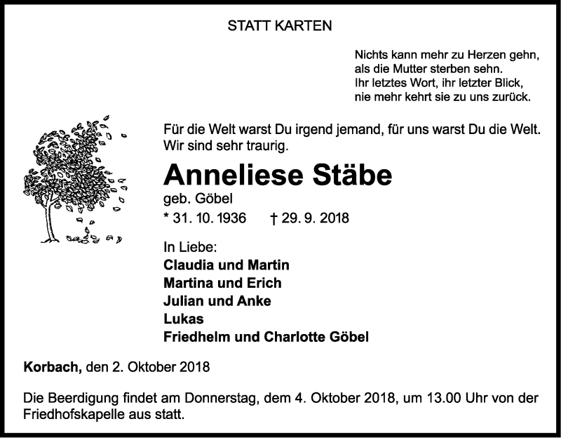  Traueranzeige für Anneliese Stäbe vom 02.10.2018 aus WLZ