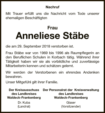 Traueranzeige von Anneliese Stäbe von WLZ