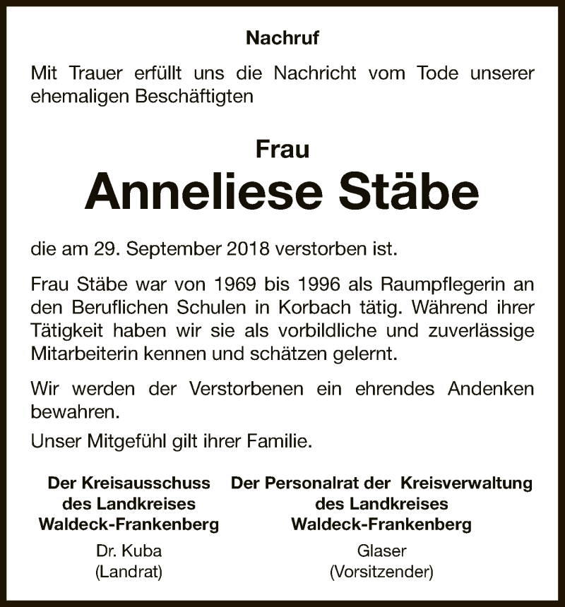  Traueranzeige für Anneliese Stäbe vom 05.10.2018 aus WLZ