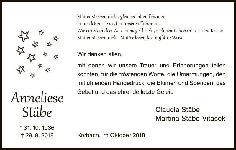  Traueranzeige für Anneliese Stäbe vom 27.10.2018 aus WLZ