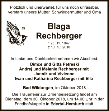 Traueranzeige von Blaga Rechberger  von WLZ