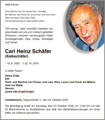 Traueranzeige von Carl Heinz Schäfer von WLZ