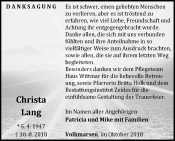 Traueranzeige von Christa Lang von WLZ