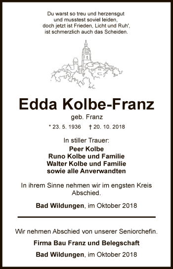 Traueranzeige von Edda Kolbe-Franz von WLZ