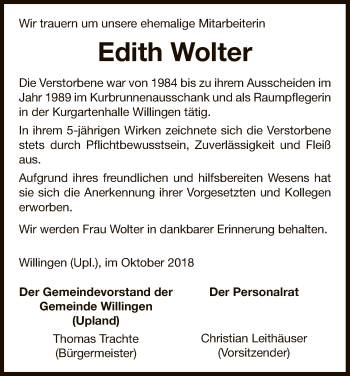 Traueranzeige von Edith Wolter von WLZ