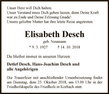 Traueranzeige von Elisabeth Desch von WLZ