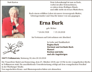 Traueranzeige von Erna Burk von WLZ