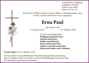 Traueranzeige von Erna Paul von WLZ