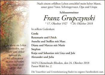 Traueranzeige von Franz Grupczynski von WLZ