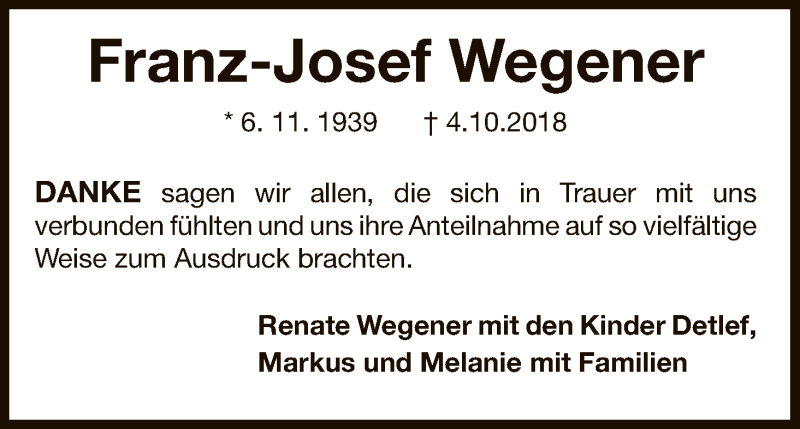  Traueranzeige für Franz-Josef Wegener vom 20.10.2018 aus WLZ