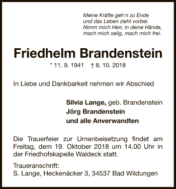 Traueranzeige von Friedhelm Brandenstein von WLZ