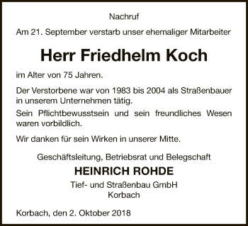 Traueranzeige von Friedhelm Koch von WLZ