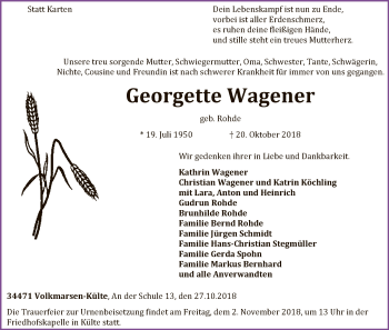 Traueranzeige von Georgette Wagener von WLZ