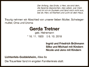 Traueranzeige von Gerda Tretner von WLZ