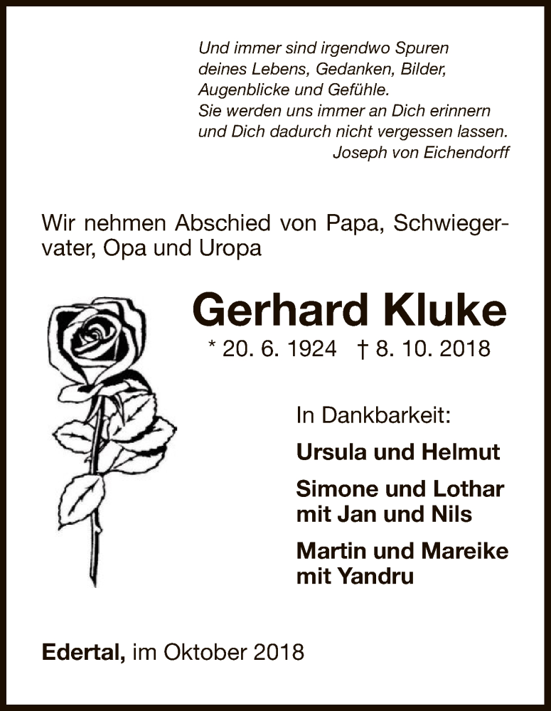  Traueranzeige für Gerhard Kluke vom 13.10.2018 aus WLZ