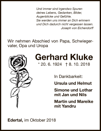 Traueranzeige von Gerhard Kluke von WLZ