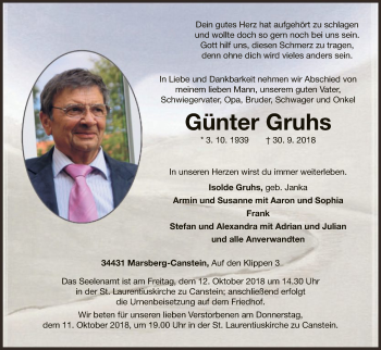 Traueranzeige von Günter Gruhs von WLZ