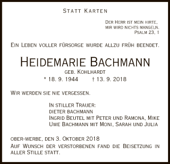 Traueranzeige von Heidemarie Bachmann von WLZ