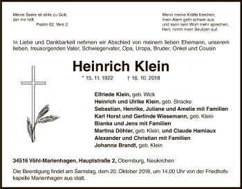 Traueranzeige von Heinrich Klein von WLZ