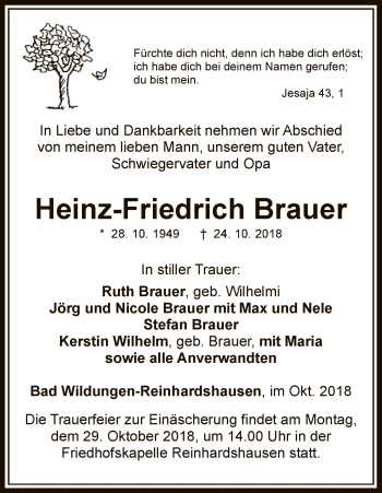 Traueranzeige von Heinz-Friedrich Brauer von WLZ