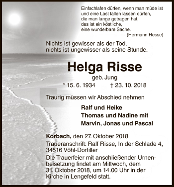 Traueranzeige von Helga Risse von WLZ