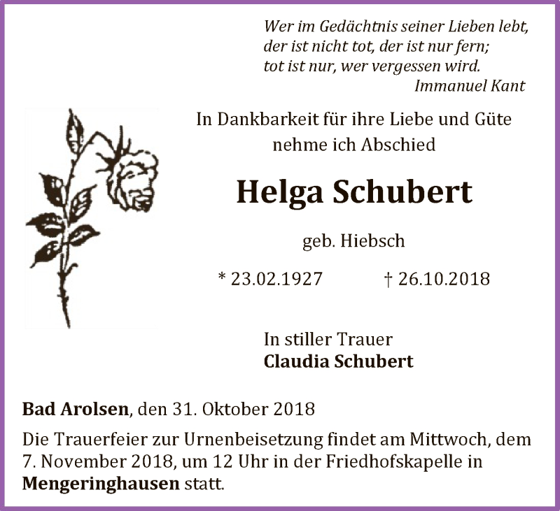  Traueranzeige für Helga Schubert vom 31.10.2018 aus WLZ