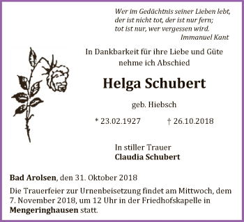 Traueranzeige von Helga Schubert von WLZ