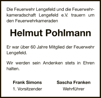 Traueranzeige von Helmut Pohlmann von WLZ