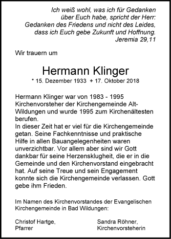 Traueranzeige von Hermann Klinger von WLZ