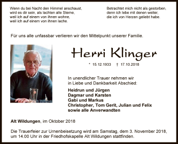 Traueranzeige von Hermann Klinger von WLZ