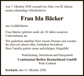 Traueranzeige von Ida Bäcker von WLZ