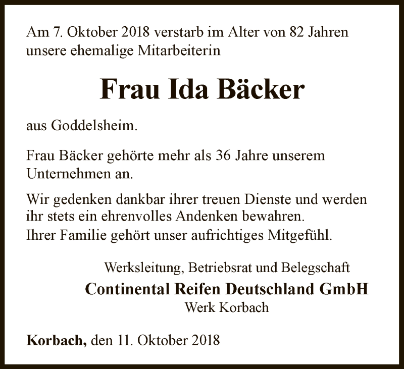 Traueranzeige für Ida Bäcker vom 11.10.2018 aus WLZ