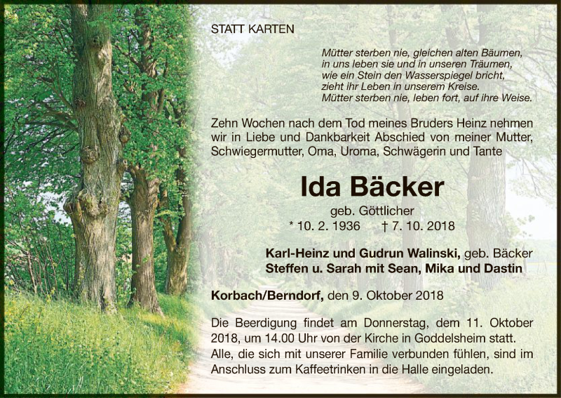  Traueranzeige für Ida Bäcker vom 09.10.2018 aus WLZ