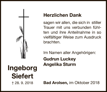 Traueranzeige von Ingeborg Siefert von WLZ