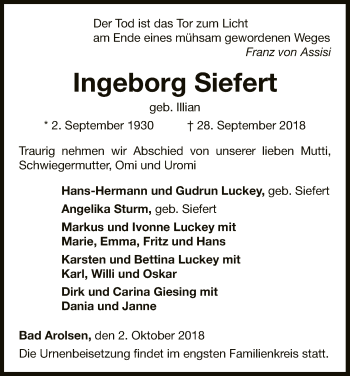 Traueranzeige von Ingeborg Siefert von WLZ