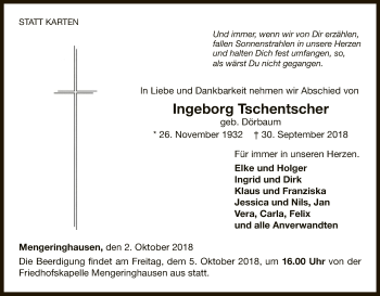 Traueranzeige von Ingeborg Tschentscher von WLZ