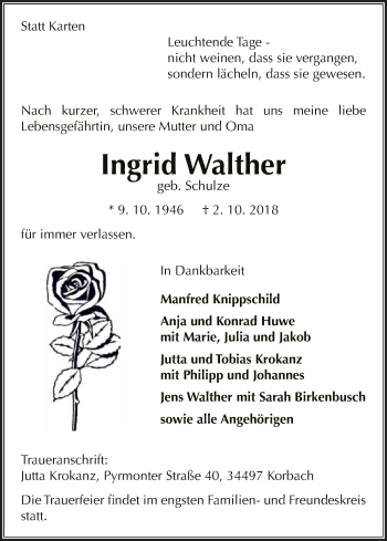 Traueranzeige von Ingrid Walther von WLZ