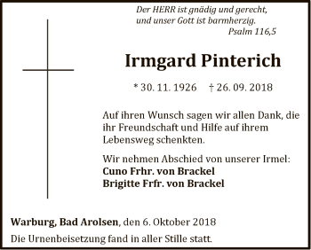 Traueranzeige von Irmgard Pinterich von WLZ