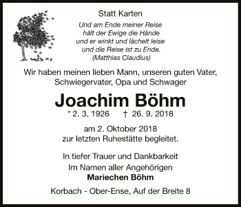 Traueranzeige von Joachim Böhm von WLZ