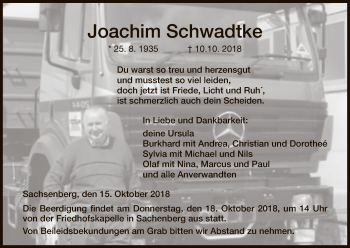 Traueranzeige von Joachim Schwadtke von WLZ