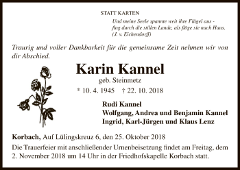 Traueranzeige von Karin Kannel von WLZ