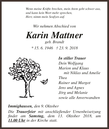 Traueranzeige von Karin Mattner von WLZ