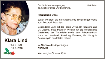 Traueranzeige von Klara Lind von WLZ