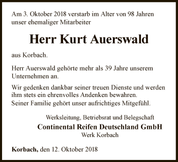Traueranzeige von Kurt Auerswald von WLZ